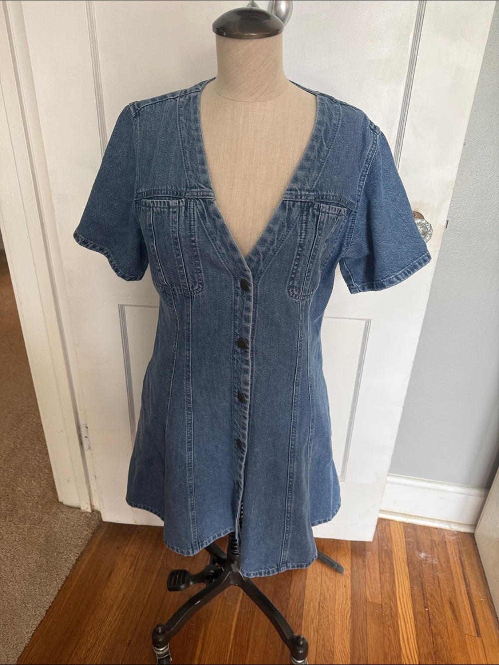 LOFT Denim Button-Front Mini Dress in Blue